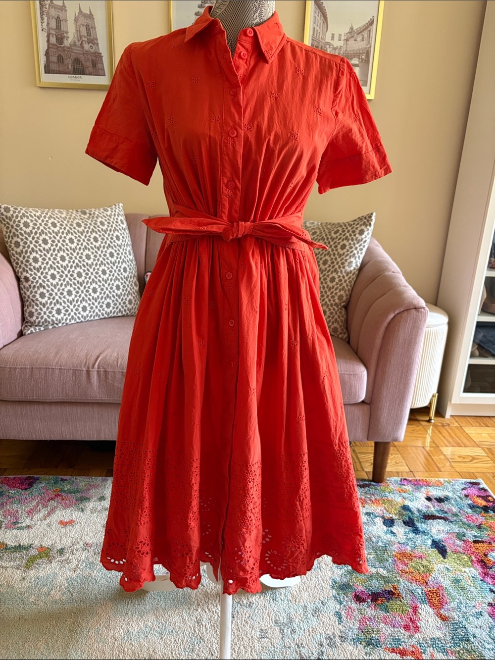 kate spade orange red Eyelet Shirt Midi Dress with Tie Waist